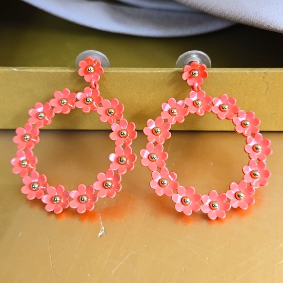 Floral  Earrings - Pink With Gold Bead - Picture 1 of 17